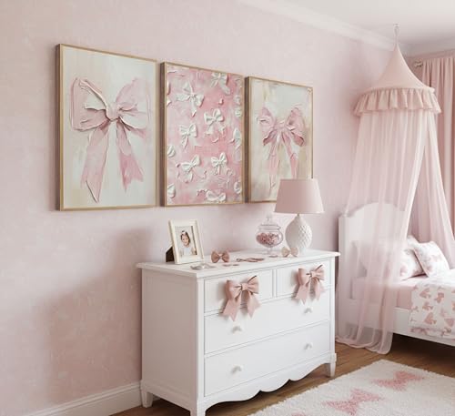 Image of 3Pcs Trendy Pink Bow Canvas Wall Art Vintage Cute Preppy Watercolor Bow Painting Pictures Wall Decor Posters Prints Girly Aesthetic for College Apartment Bedroom Decoration Unframed