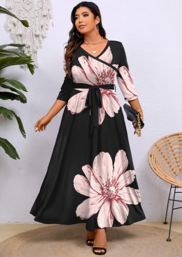 Image of Runwind Plus Size Maxi Dress for Curvy Women Flowy Wrap with Pockets