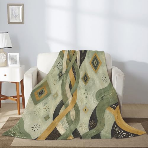 Couverture pelucheuse de luxe vert automne aux courbes géométriques - 7
