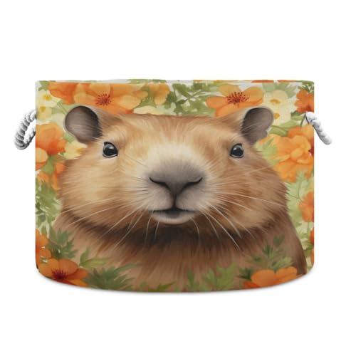 Round Cute Capybara Flower Crown Storage Basket Large Organizer Bin Laundry Hamper Toy Storage Basket with Handle for Nursery Clothes Toys 202b4472