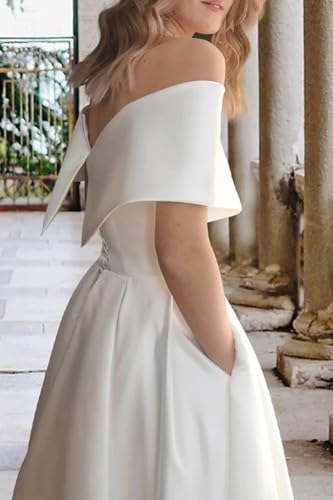 Image of Women's Off Shoulder Wedding Dress for Bride Tea Length A Line Satin Formal Prom Dresses with Pockets