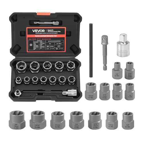 Image of VEVOR Bolt Extractor Kit, 16 Pieces Impact Bolt & Nut Remover Set with Adapters and Pin Punch, Solid Storage Case, Cr-Mo Steel for Removing Damaged, Rusted, Stripped, Rounded Bolts, Nuts and Screws