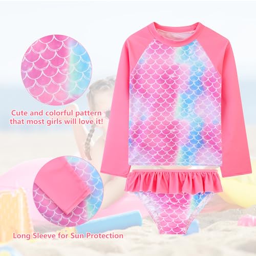 Image of DAXIANG Girls Rash Guard Swimsuit Long Sleeve Swim Shirt 3 Piece Tankini Bathing Suit with Bottom for Kid Toddler 3-12 Years