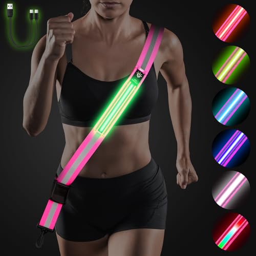 LED Reflective Belt Sash,6 Lights Colors & 3 Light Modes High Visibility Night Rechargeable Safety Belt Adjustable Reflective Running Gear for Men Women Running Cycling Walking and Dog Walking