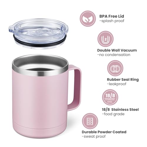 Image of MEWAY 12oz Coffee Mug With Handle and Sliding Lid,Stainless Steel Travel Tumbler Cup with Handle,Double Wall Vacuum Insulated Camping Cup for Hot & Cold Drinks Tea (Pink,Set of 1)