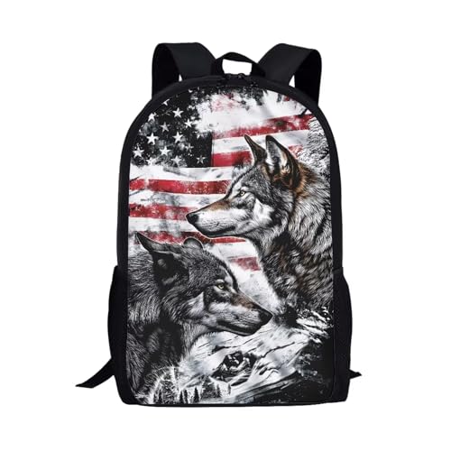Mumeson Casual Backpack for Elementary School Rucksack Business Computer Backpacks Daily Daypack Wolf American Flag Print School Supplies Backpack for Teen Boys