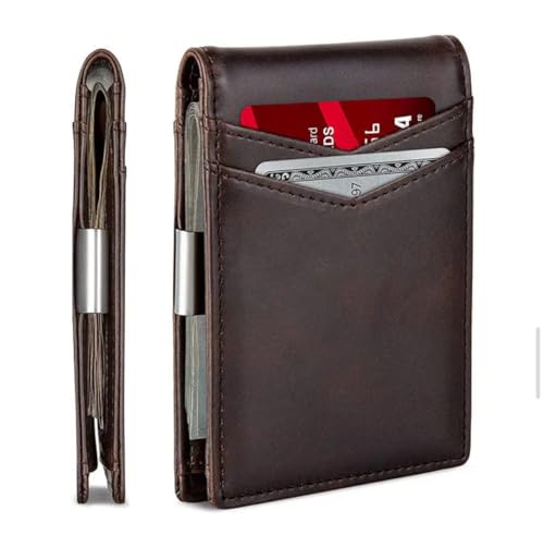 Slim Money Clip Men's Wallet-Front Pocket Card Holder Bifold RFID Blocking (Brown)