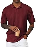 JMIERR Polo Shirts for Men Classic Fit Short Sleeve Loose Casual Soft Button Old Money Textured Cable Knit Shirt Quiet Luxury Clothes, XL, Red