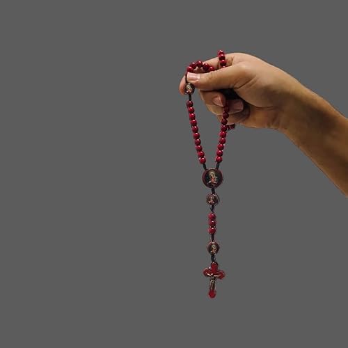 Terço Madeira Vermelho 8mm Coração Jesus/Maria Cordão Católico Religioso
