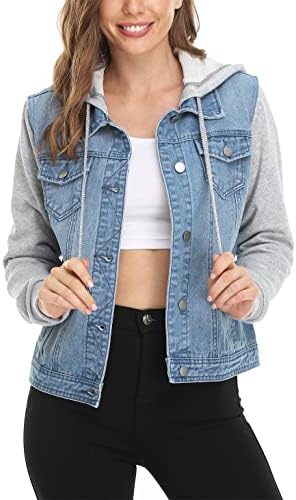 MISS MOLY Women's Casual Hoodie Denim Jacket Jean Jackets Coats W Pockets Light Blue L