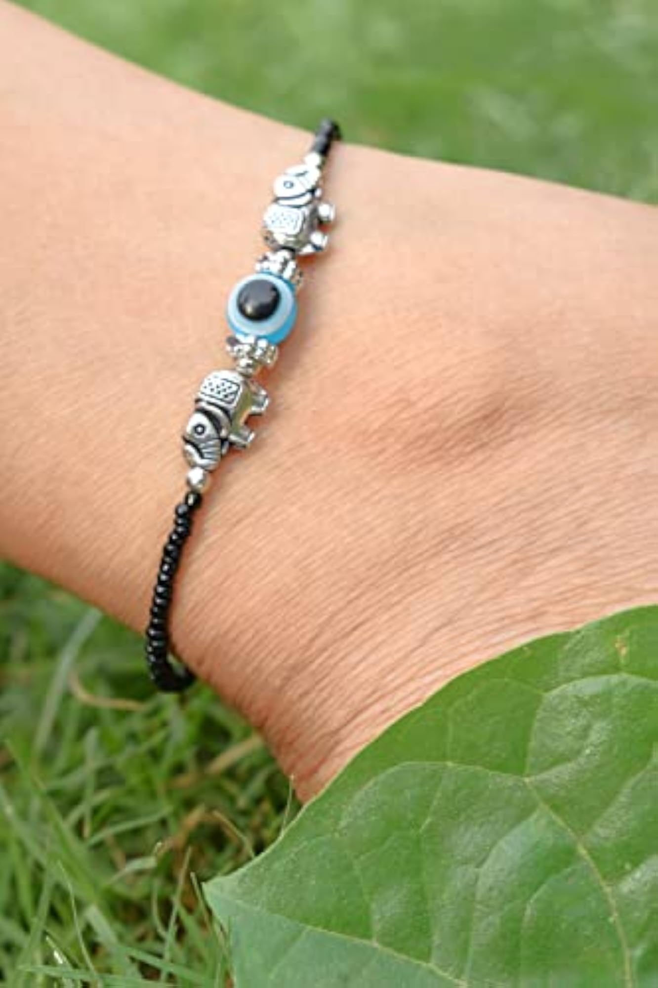 Combo Metal Silver Fish & Elephant Blue Evil Eye Anklet