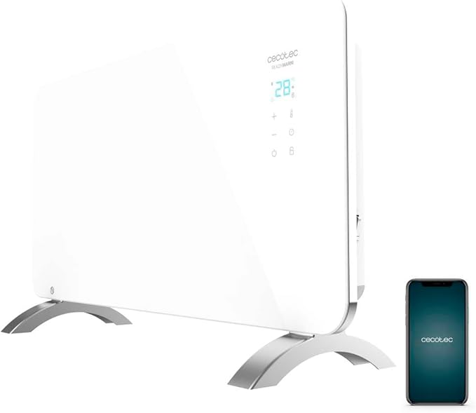 Cecotec Radiador Eléctrico Bajo Consumo Ready Warm 6700 Crystal Connection. Wifi, 1500 W, Termostato Regulable, Temporizador, Soporte de pie, Protección sobrecalentamiento, Blanco