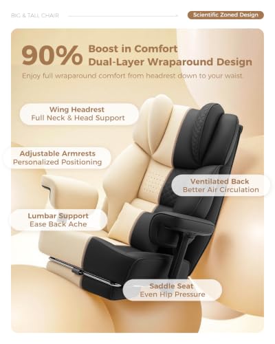 Image of Big and Tall Office Chair, Computer Desk Chair with FootRest, Black | High Back Leather Gaming Chair with Lumbar Support, Heavy Duty Ergonomic Executive Office Chair for Home Office Gaming