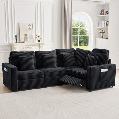 Image of RARZOE Modular Sectional Sofa with Power Recliner, 4-Seater L-Shaped Corduroy Reclining Couch Sectional with Headrest, Flexible Combination Fluffy Comfy Cloud Comfy Couches for Living Room,Black