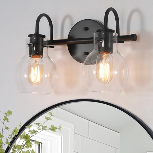Image of KSANA Black Bathroom Light Fixtures, 2-Light Modern Farmhouse Black Vanity Lights with Clear Glass Shade Over Mirror for Hallway, Kitchen, Bedroom, and Living Room