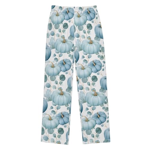 Pajama Pants Lounge Sleep PJ Bottoms Sleepwear Elastic Waist Drawstring S Blue Pumpkin Leaves