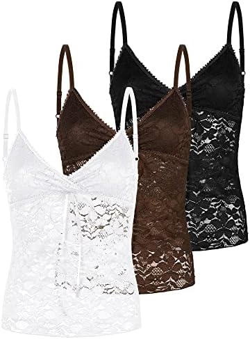 3 Pack Lace Classic Tank Top V-neck Lace Smooth Cami Adjustable Straps Lace Cami Tank Top Lace Shapewear Cami for Women