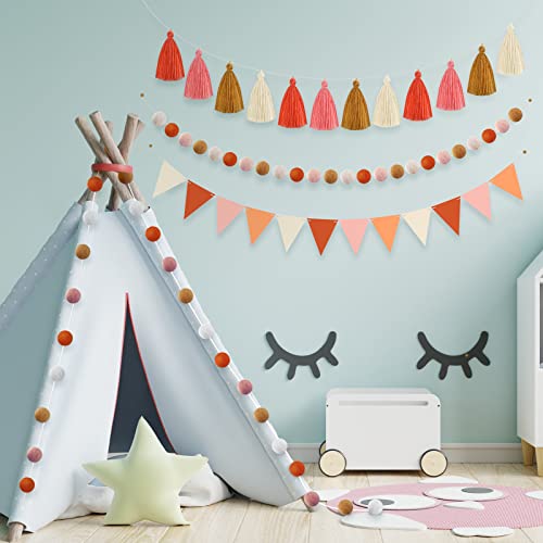 4 Pcs Boho Rainbow Party Decorations Colorful Garland Set 6.6 Ft, Felt Ball Pom Pom Garland Decor, Pastel Color Tassel Garland Fabric Triangle Flag Banner For Classroom Home Birthday Party Decor #TOP3
