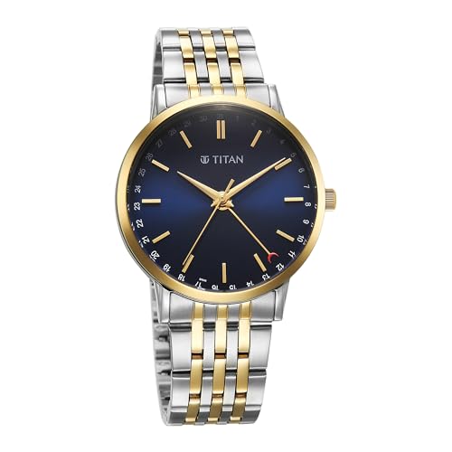 Image of Titan Elegance Analog with Date by Hand and Blue Dial Stainless Steel Dual Tone Strap Watch for Men - 90202BM01