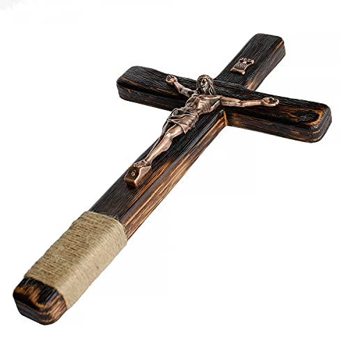 Rustic Crucifix Wall Cross - Handmade Wooden Catholic Crucifix Unique Charred Oak Technique - 12 Inch #TOP1