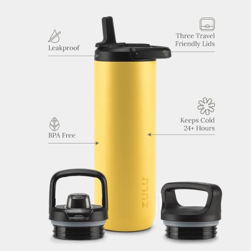 Image of ZULU Base 24oz Stainless Steel Water Bottle with 3 Lids- Straw, Chug, Twist | Double Walled and Vacuum Insulated Metal Thermos | Fits Car Cupholder, Built in Carry Loop, Dishwasher Safe, Vitamin C