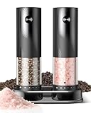 Electric Salt and Pepper Grinder Set - Rechargeable Automatic Salt and Pepper Shakers, Kitchen Appliances with External Adjustable Coarseness, Larger Hopper for Cooking, Home Gifts(2 Pack,Black/Black)