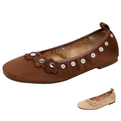Women’s Suede Square Flat Shoes with Removable Flower Comfortable Soft Work Casual Ballet Flats Lightweight Slip On Loafers