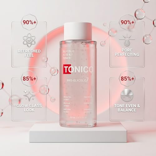 Image of Tonico Glycolic Acid 7% Exfoliating Glow Toner for Face & Body | Pore Minimizer, Strawberry Legs, Dark Spots & Skin Brightening | Witch Hazel, Aloe Vera, Green Tea | 6.76 fl oz