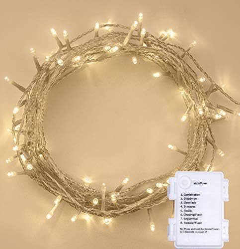 ANSIO Christmas Lights Timer Indoor Outdoor Fairy Lights Festive Wedding Bedroom Novelty Decorations Tree String Lights Battery Powered (100 LED Cool White Clear Cable)