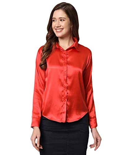 FUNDAY FASHION Women Solid Casual Satin Shirt (in, Alpha, L, Regular, Red)