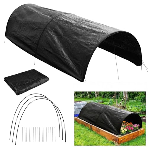 Upgraded 8x4x1Ft Raised Garden Bed Sun Shade Kit – 70% Black Shade Cloth Plant Sunblock Cover with 7mm Thicker Foldable Fiberglass Poles, Pre-Assembled Tunnel with Stakes & Fixed Ropes for Raised Bed