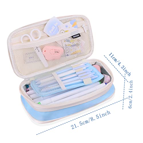 Image of iSuperb Large Capacity Pencil Case Light Blue Pencil Pouch Portable Pen Bag with 2 Compartments Pen Organizer Gifts for School Teen Boys Girls Men Women
