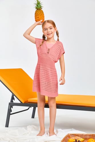 Image of Haloumoning Girls Crochet Swim Beach Cover Up Kids Fashion Button Short Sleeve Swimsuits Cover Ups 5-14 Years