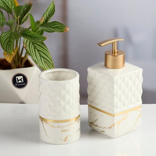 Image of Kookee Ceramic Bathroom Accessories Set of 2 | Modern Bath Set with Soap Dispenser & Toothbrush Holder | Luxury Bathroom Essentials for Home (11578)