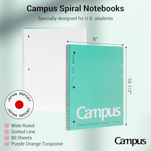 Image of KOKUYO Spiral Notebooks, 3 Pack 10-1 /2 inch x 8 inch Lined Notebooks Wide Ruled | Campus Subject Notebooks, 80 Sheets, 3 Holes School Japanese Ring Journal for Work Study Note Taking, Purple Orange Turquoise