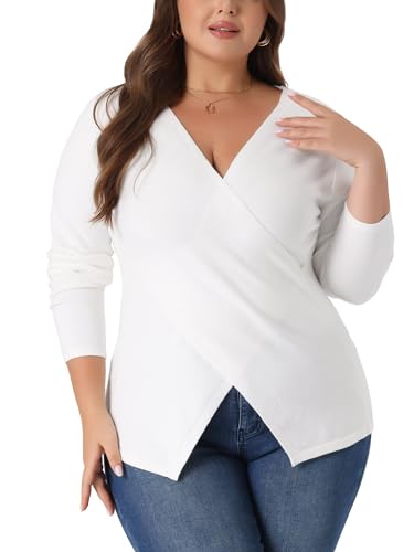 Image of Agnes Orinda Plus Size Knit Tops for Women Wrap V Neck Criss Cross Long Sleeve Asymmetrical Sweater