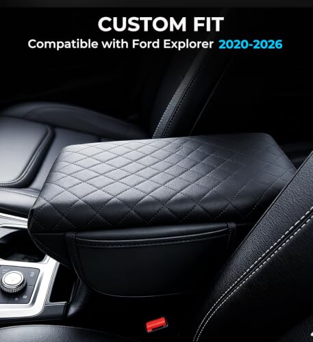 Image of Center Console Cover for Ford Explorer 2026 2025 2024 2023 2022 2021 2020, 1.2-Inch Thick PU Leather Middle Armrest Cushion Protector Pad with 2 Side Pockets for 2020-2026 Explorer, Black