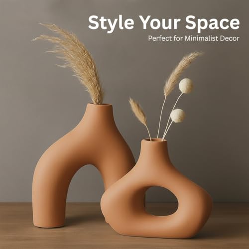 Image of PUREZENTO Abstract Brown Ceramic Donut Vase 5.4 & 7.7 Inch - Set of 2 | Decorative Unique Modern Vase for Dried Flowers & Pampas Grass | Vases for Modern Home Decor, Living Room, Office Decor Ideas