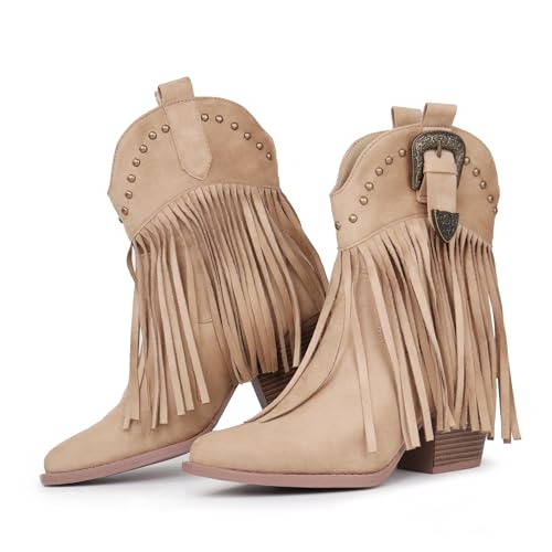 Hawkwell Botines de vaquero con flecos para mujer, caqui, 36 EU