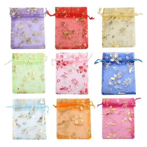 20 piezas 9x12cm 10x15cm 13x18cm Bolsa de joyería de organza Color dorado Pulsera de flor de Bauhinia roja Collar Bolsa de regalo Bolsas de embalaje-mixto-10x15cm