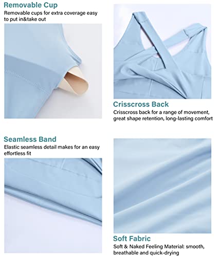 Workout Tops For Women Criss-Cross Back Padded Sports Bras For Women Medium Support Womens Crop Tops Light Blue #TOP5