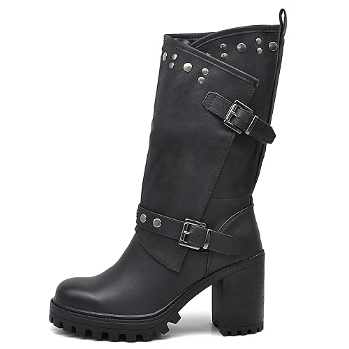 IF FASHION Stivaletti Tronchetti Da Donna Con Tacco Grosso Plateau Borchie Pelle Sintetica G673 nero...