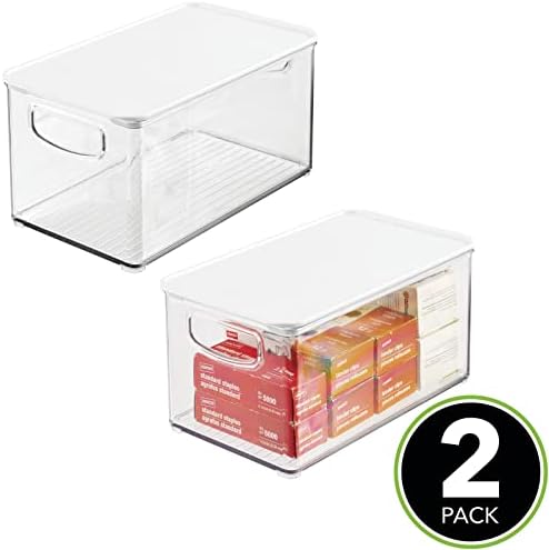 mDesign Set of 2 Storage Tray for Organising Desks and Homes  Office Storage for Pens, Memos, Paperclips etc  Stationery Storage Container with Lid and Handles  Clear/White