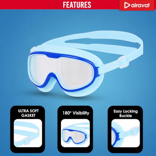 Image of AIRAVAT Macho swimming goggles for Kids Children Teens, polycarbonate goggles, Anti-Fog, Anti-UV, Wide View Swimming Goggles, Free size (Blue)