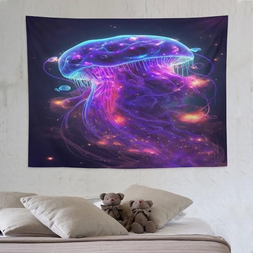 Tapisserie néon méduse pour créer une ambiance lumineuse de salon moderne