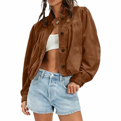 Women's Suede Short Pilot Jacket Puffed Long Sleeve Button Stand Collar Spring Autumn Coat Retro Moto Style