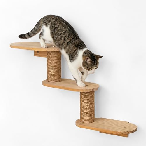 Ecofocet Estanteria de Pared para Gatos, Estantes para Gatos en la Pared, Escalera para Gato Paredes, Escalera Flotante de Madera Rascador, Madera Natural con Rascador de Yute