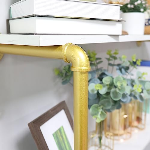 unho Kleiderstange zur Wandmontage, Wandgarderobe mit 2 Ablage im Industrierohrstil, Wandgarderoben für Schlafzimmer Wohnzimmer, Gold