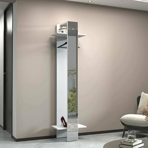Dmora - Mobile da ingresso Violantino, Armadietto multifunzione, Appendiabiti da parete con specchio, 50x35h190 cm, Bianco