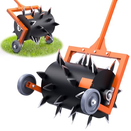 Heavy-Duty Push Lawn Aerator Roller with Steel Spikes for Compacted Soil